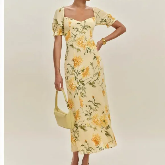 Reformation Gloria Midi Dress Size 2 Honeyglow Yellow Floral - Picture 4 of 13